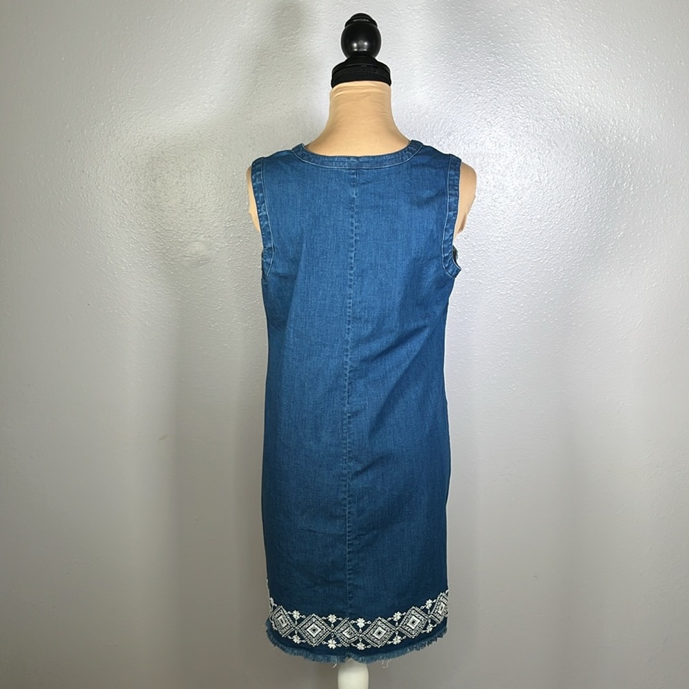 Chambray denim embroidered tassel vneck lace up shift mini dress S boho casual - Picture 6 of 12